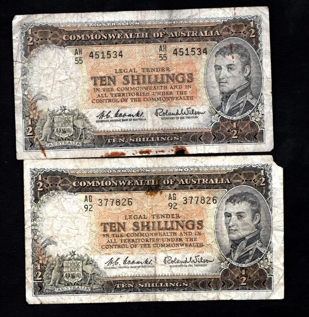 Commonwealth of Australia (Two) 10 Shillings Banknotes VERY SCARCE