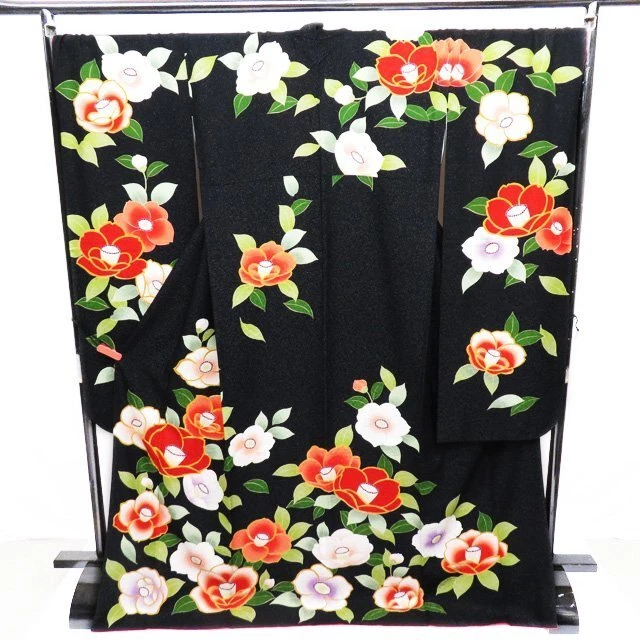Furisode Kimono Used Pure Silk Gold Embroidery Flower Pattern Camellia Japan