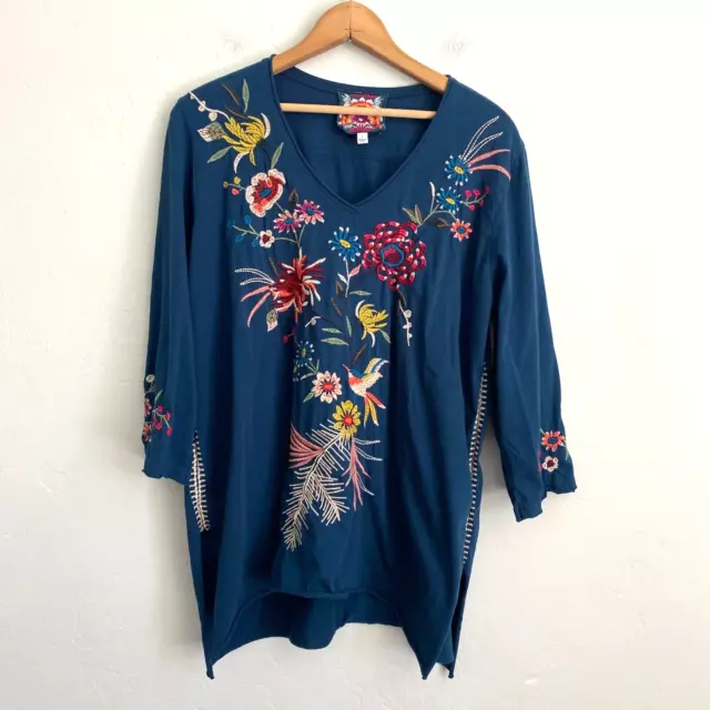 Johnny Was Embroidered Top Women Size Large Blue Floral Bird Flaw