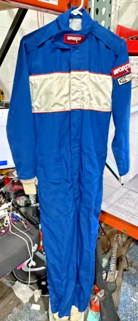 Worth Quilted Racing Suit Coveralls 1 Piece M Blue Fire Suit USA Vtg 80s