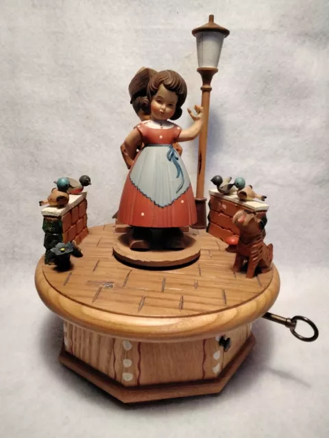 Vtg Thorens ANRI Wood Rotating Music Box Girl Boy Birds On/Off Post Plays Works