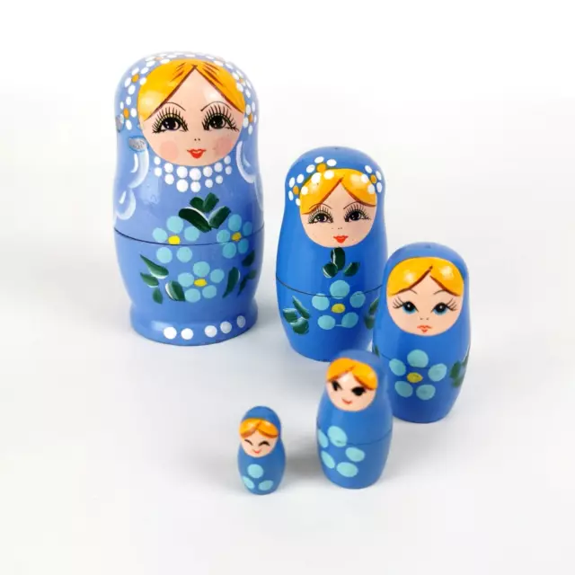Handpainted Blue Wooden Matryoshka Russian Nesting Dolls 5 Pieces