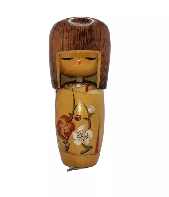 Vintage Kokeshi Doll 5.5" Signed Floral Wooden Kimono Girl Made in JAPAN