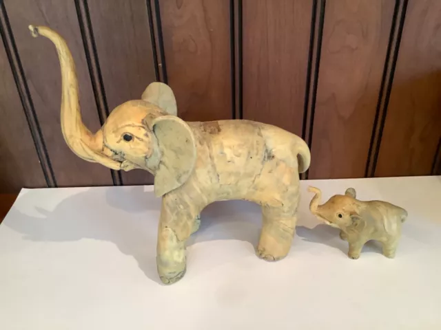 Vintage Old Heavy Paper Mache Elephant w/ Baby Pair Trunk Up Figurines