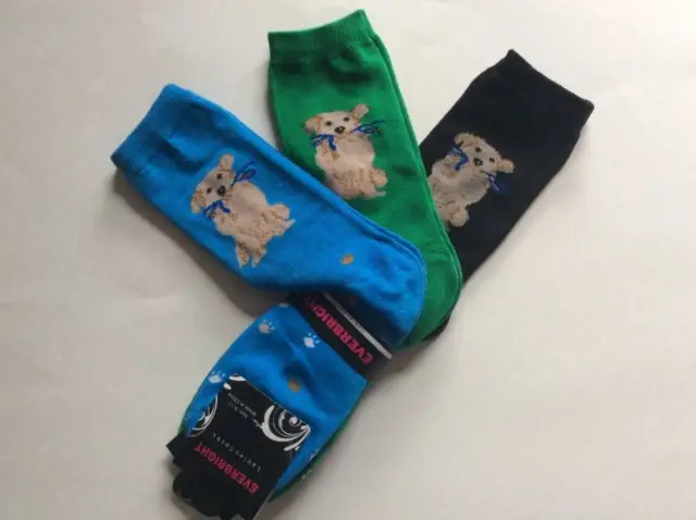 3 Pairs Ladies Novelty Dog Crew Socks * Blue/Green/Black * Nwt