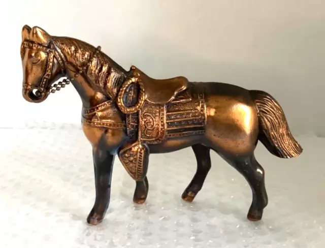 Vintage Sculpted Brass Metal Horse Figurine 7.5” Long x 5.5” T W/Bridle & Saddle