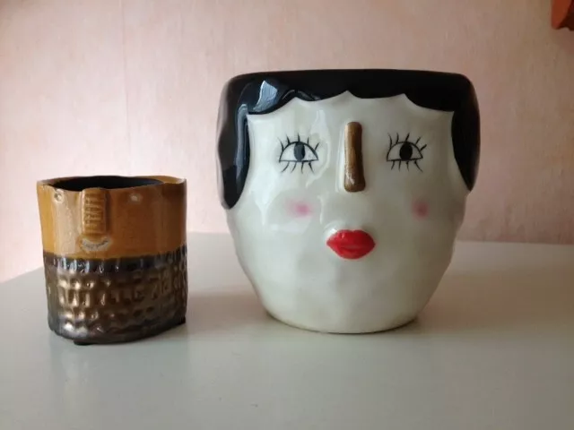 2 KERAMIK - VASEN    * Gesichter *       ~ Handwerks - KUNST ~