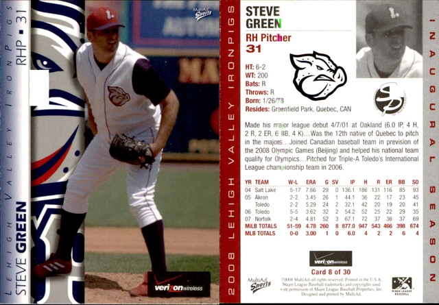Steve Green 2008 Choice Lehigh Valley IronPigs #8 Card *AutographDen*