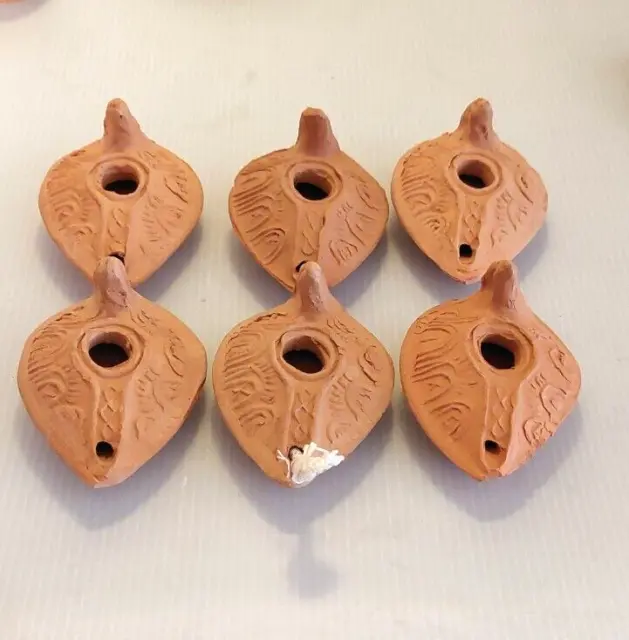 Lot of 6 Herodian Oil Lamp Replicas From the Holy Land Terra Cotta Pottery 4"