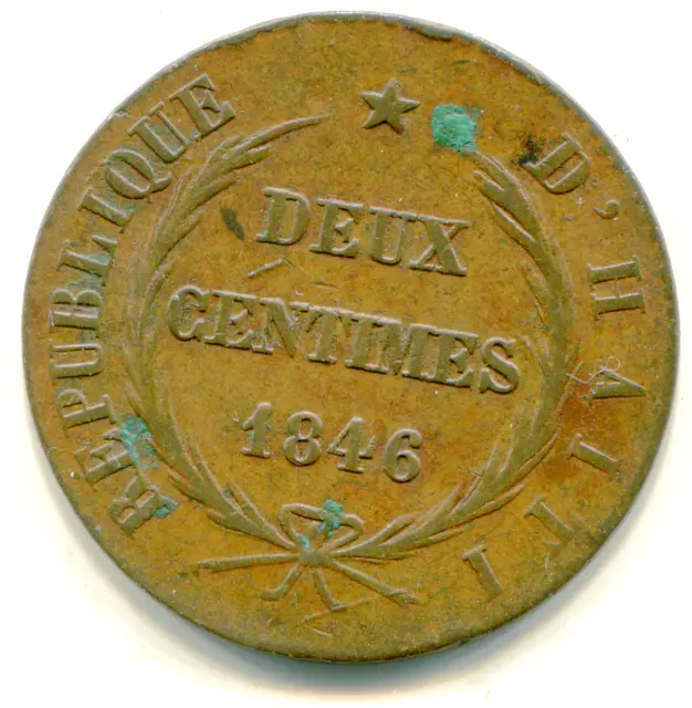 Haiti 2 Centimes 1846 AN 43 KM-26 nice HG coin   lotmar3112
