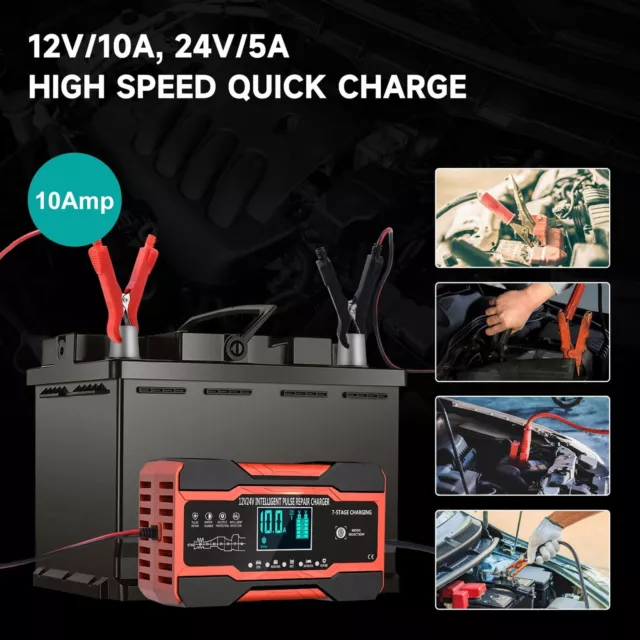 10 AMP Auto Akku Ladegerät, 12V/24V Automatik Akku Ladegerät mit 7-Stufen 2