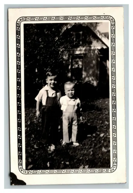 Vintage 1940's Photograph Cute Kids Dressed Up Overalls Suburban Garden