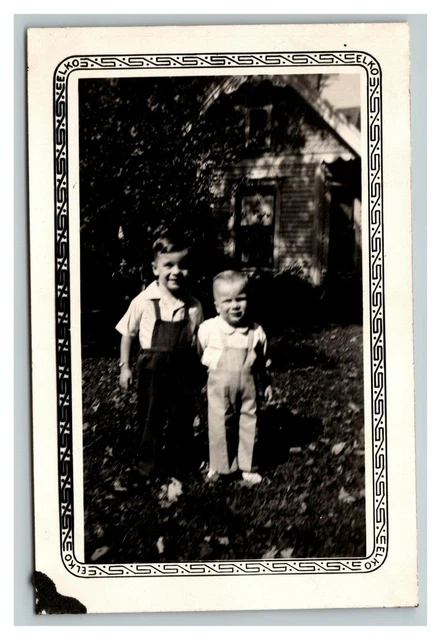 Vintage 1940's Photograph Cute Kids Dressed Up Overalls Suburban Garden