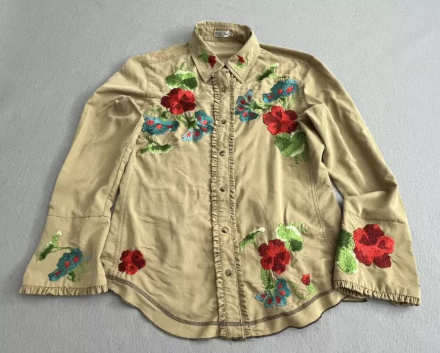 Tasha Polizzi Collection Pearl Snap Shirt Womens M Floral Embroidered Ruffle