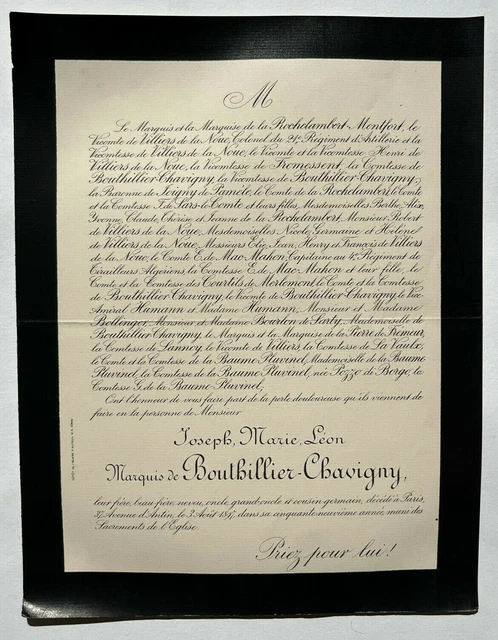 Marquis BOUTHILLIER CHAVIGNY Rochelambert FAIRE PART Baume Pluvinel LANNOY 1897