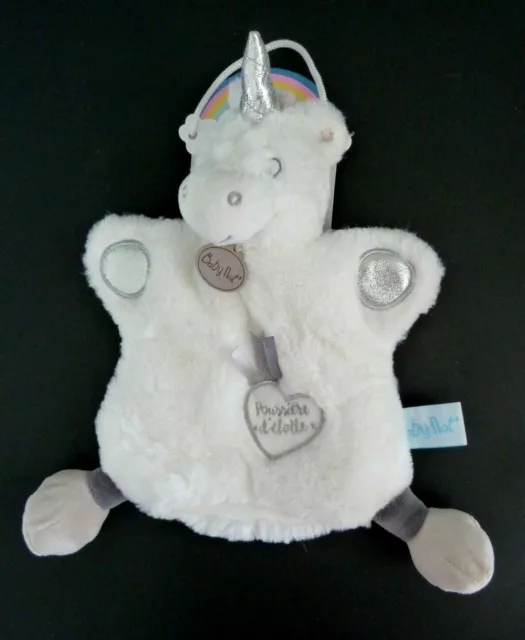 *. Doudou Plat Marionnette Baby Nat Licorne Blanc Gris Poussiere D'etoile Neuf