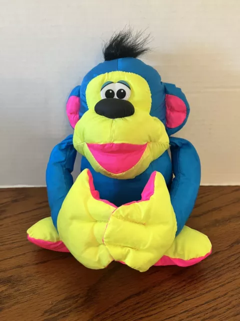 VTG Fisher Price Monkey Chimp Ape Puffalumps Plush Stuffed Nylon Bright Blue