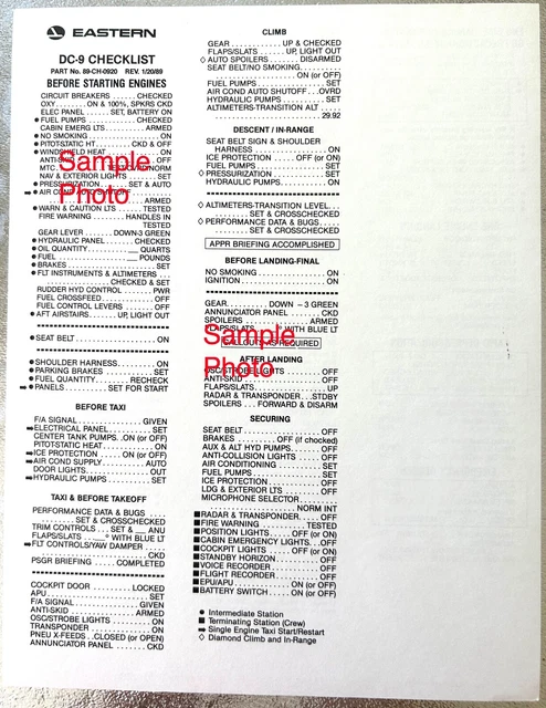 EASTERN AIRLINES DOUGLAS DC 9 Pilot Checklist Original 1989 NR 10 00 