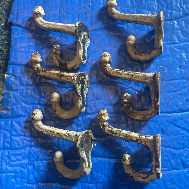 6 old Coat hooks farm school house rustic cast iron 3” vintage 1880’s heavy duty