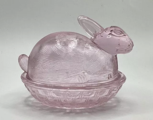 Vintage Pink Pressed Glass Bunny Rabbit Weaved Basket/Nest Trinket Candy Bowl