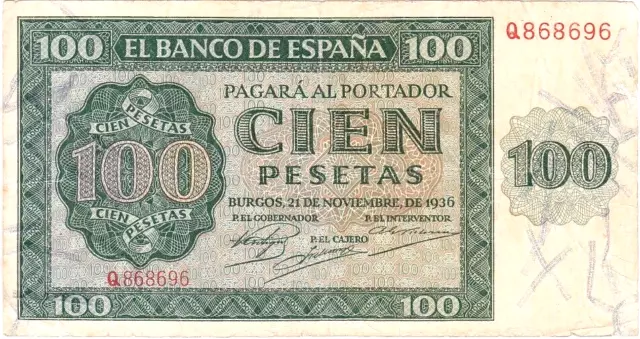 Billete de 100 Pesetas de 1936 ( Burgos ) Serie Q ( BUEN EJEMPLAR )