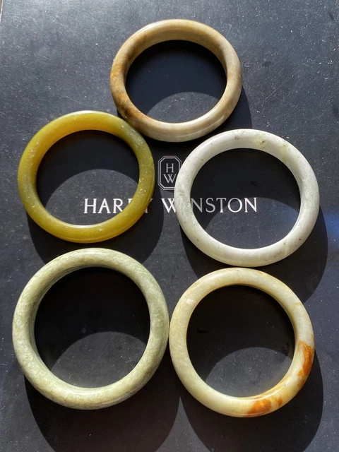 Joblot Of Five Hand Carved White&Green&Yellow Russet Natural Jade Bangles