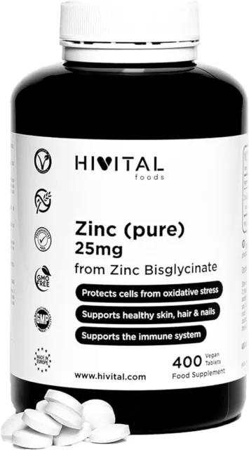 25 mg  Bisglycinate de Zinc 400 Comprimés Végétaliens Améliore Os Peau et Ongles