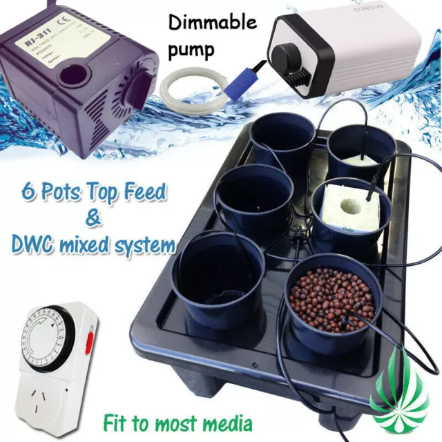 Hydroponics 6 Pots Watering Dripping System Water Air Pumps Completed Setup Kits