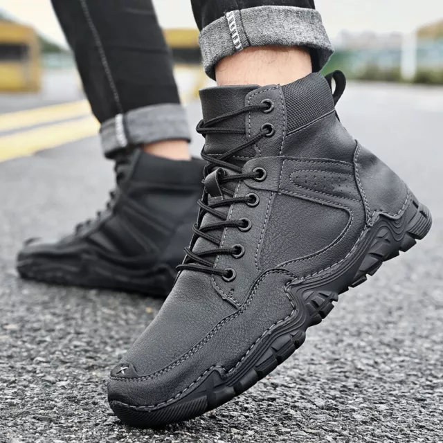 NEW MEN'S HIGH Top Faux Leather Ankle Boots Casual Outdoor Lace Up ...