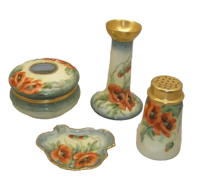 Antique Hand Painted Porcelain Dresser Set Poppies Limoges Bavaria Austrian