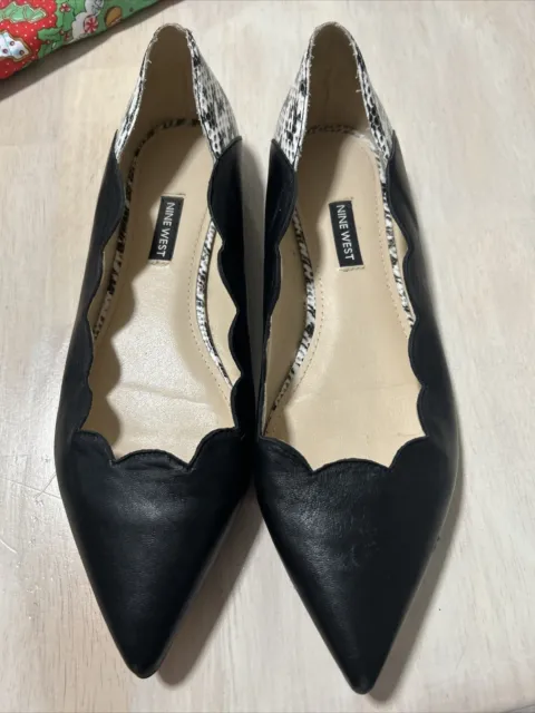 Women’s Black Snack Leather NINE WEST Pointed Toe Slip On Flat Shoes Size 9.5