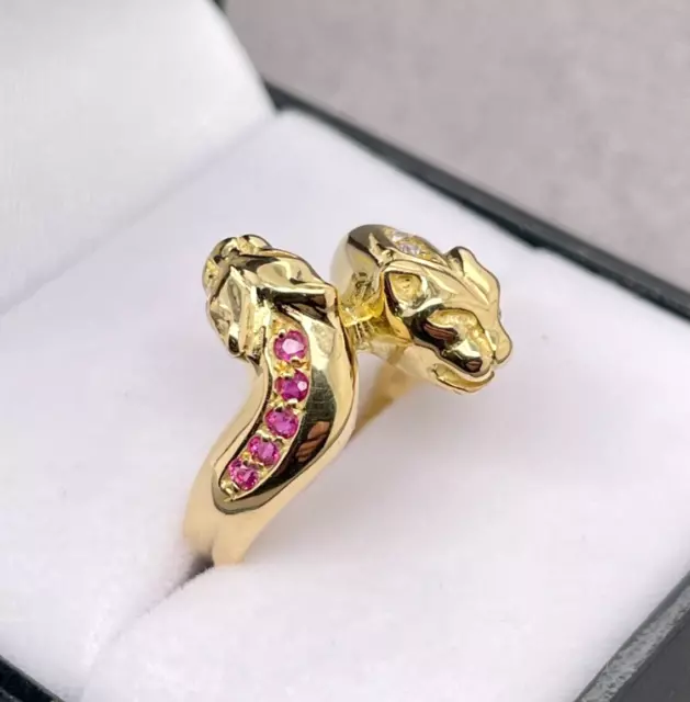 Ladies 18ct Yellow Gold Panther Ring Ruby & Cubic Zirconia Size L 1/2 Preloved 2