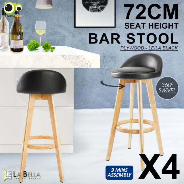 4X Wooden Bar Stool Swivel Barstools Dining Chair Kitchen Leather LEILA BLACK