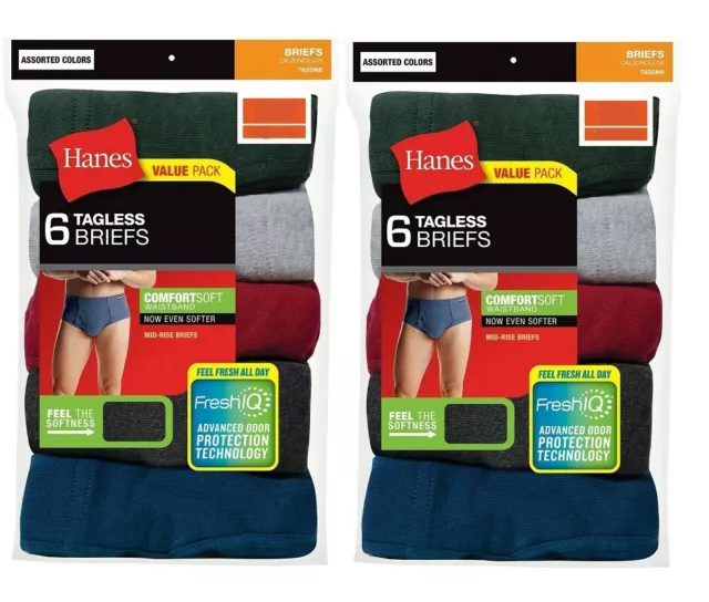 Hanes Mens 12-Pack Cotton Briefs Assorted Colors Tagless Comfort Soft Waistband