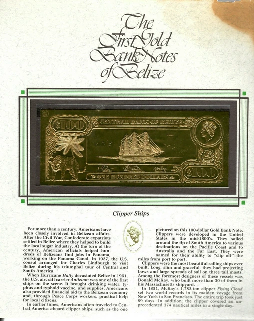 22kt Gold $100 Belize UNC 1981 Banknote- CLIPPER SHIPS- RARE -stain on display
