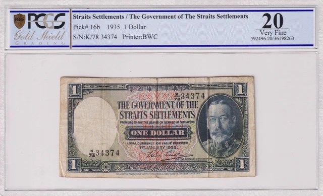 Straits Settlements 1 Dollar P-16b 1935 PCGS20 Straits Settlements 1 Dollar P-16b 1935 PCGS20