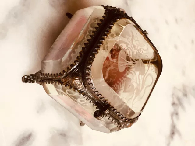 Antique French "Art Nouveau" Jewelry Box . Engraved Beveled Glass : Leaves