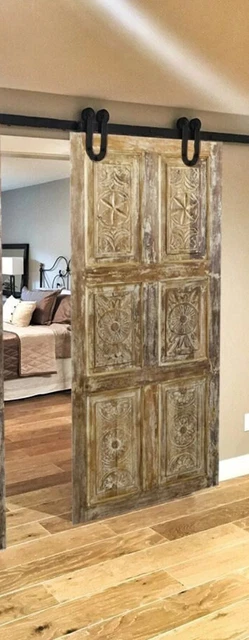 Limewash Sliding Door, Hand Carved India wood Door, Hanging Door, Closet, 80x36 4
