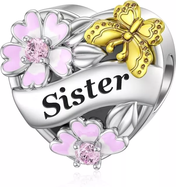 Sister Flower Butterfly Heart S925 Sterling Silver Bead Charm for Women