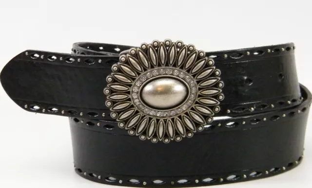 Women Fossil Blk Genuine Leather Rhinestone Sunflower Cutout Rivet Belt Sz Small