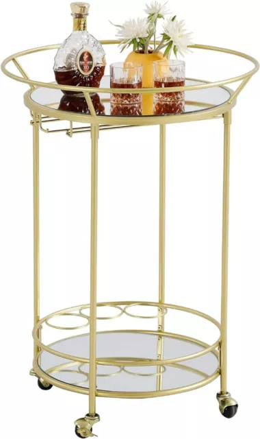 Round Drinks Serving Trolley 2-Tier Bar Kitchen Cart with Lockable Casters