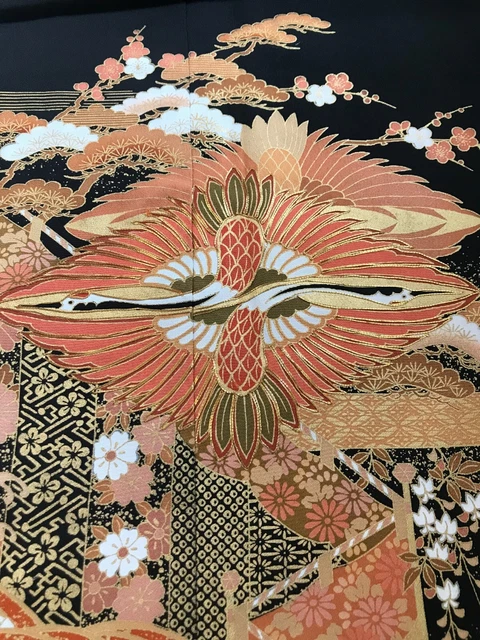 @@ Vintage Japanese kimono silk fabric/ tomesode black/ cranes, pine tree EX40 2