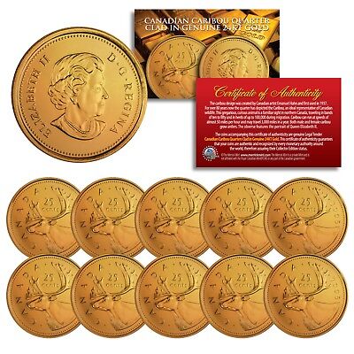 2005 Canadian Caribou Quarter UNC Queen Elizabeth II 24K GOLD Plated - Lot of 10 3