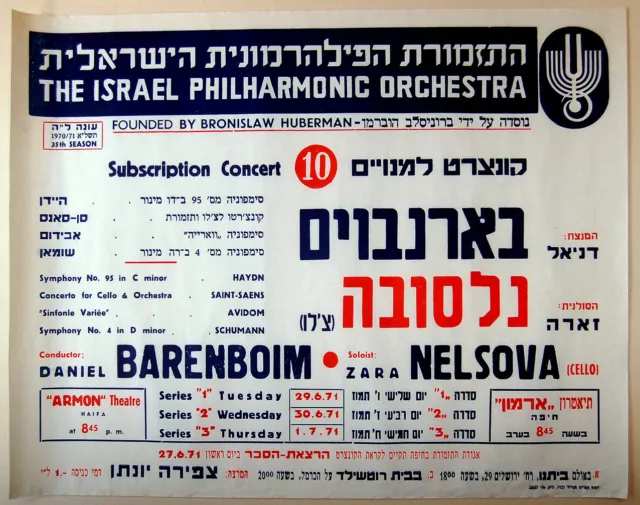 1971 Cello CONCERT POSTER Israel BARENBOIM Cellist NELSOVA Replace DU PRE Israel 2