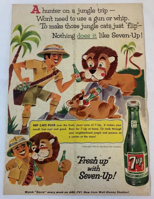 1957 7-Up Cartoon Anuncio Página ~ Jungle Trip Hunter Y Happy Leones