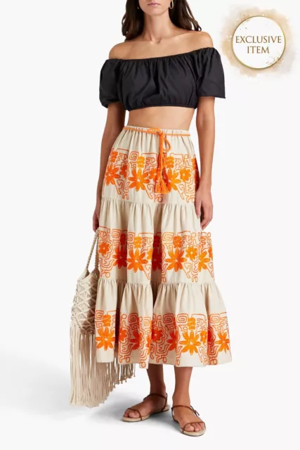 RRP €220 MAJE Jin Midi Skirt EU40 US8 UK12 L Linen Blend Embroidered Gathered