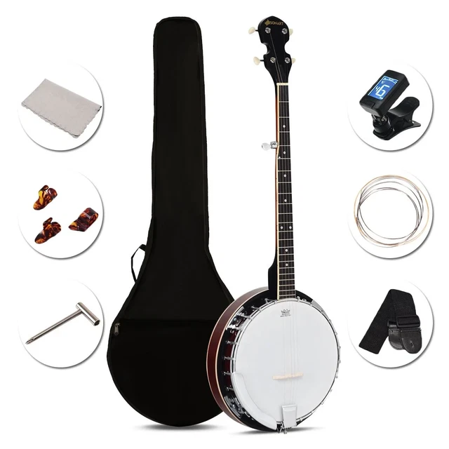 Banjo 5 Cordes Peau Remo Supports Reglables Cordes Sac Sangle Mediator Accordeur