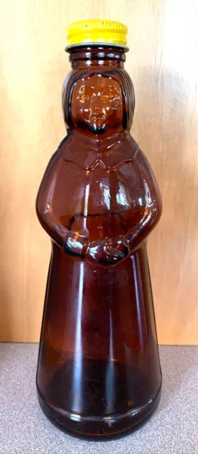 Vintage MRS BUTTERWORTH'S Amber Brown Glass Syrup Bottle Metal Cap Lid 8.5"