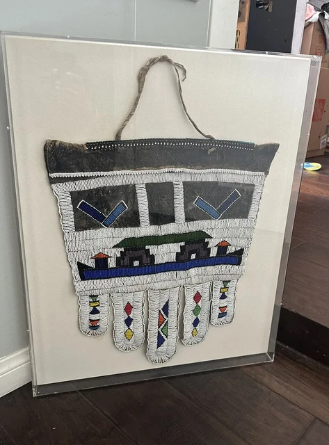 African Art Beaded Wedding Apron Ndebele Tribe Plexi Glass Frame Antique Hide
