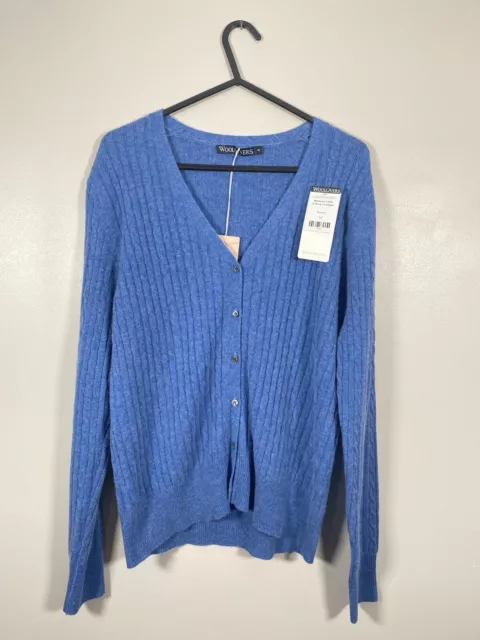 Woolovers Cashmere Blend Cardigan Merino Blue Cable Knit Buttoned Size 12